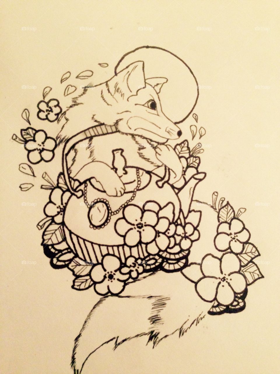 Fox & Teapot. Hand drawn 