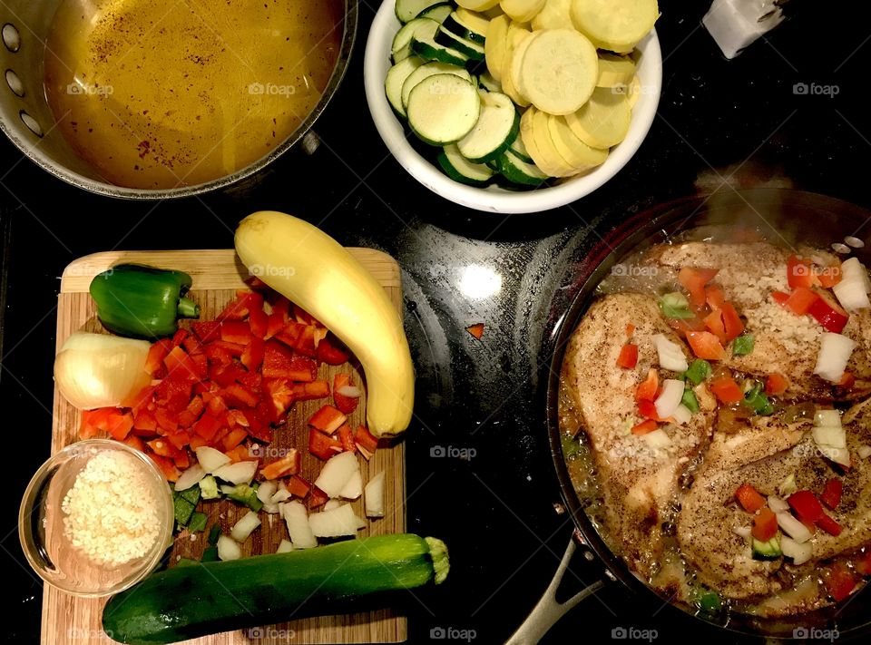 Courgette & Yellow Fried Squash With Tenderized Chicken Breast With Re and Green Bell Pepper From My Garden And Onion, garlic, and White Wine