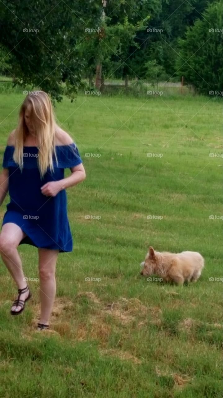 girl and dog in country