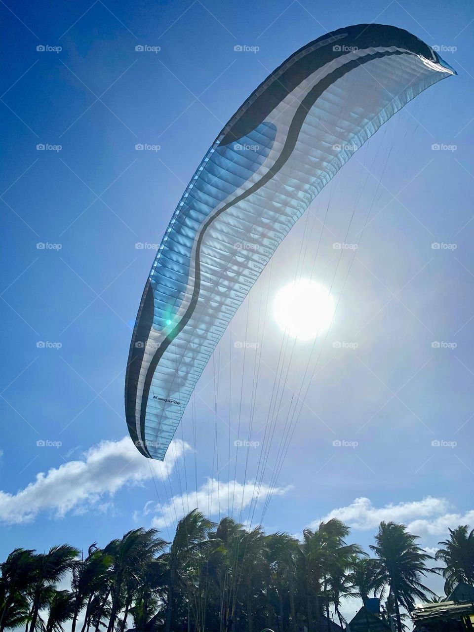 Blue paraglider in the blue sky 