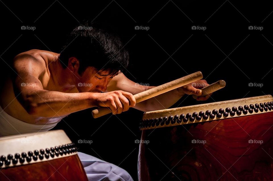 Matsuri drummer with intense concentration before start of performance