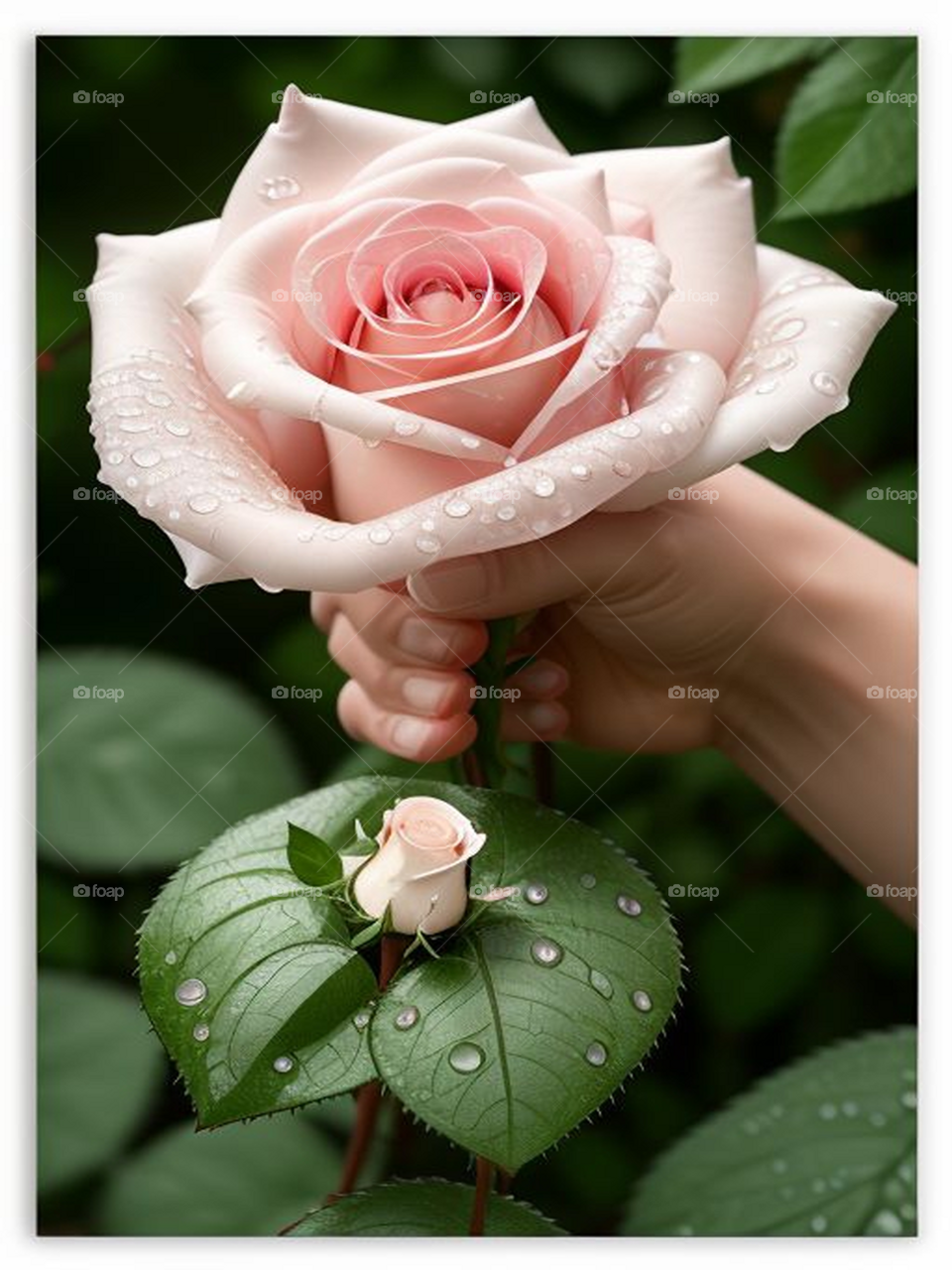 A hand holding a rose soaked in dew drops