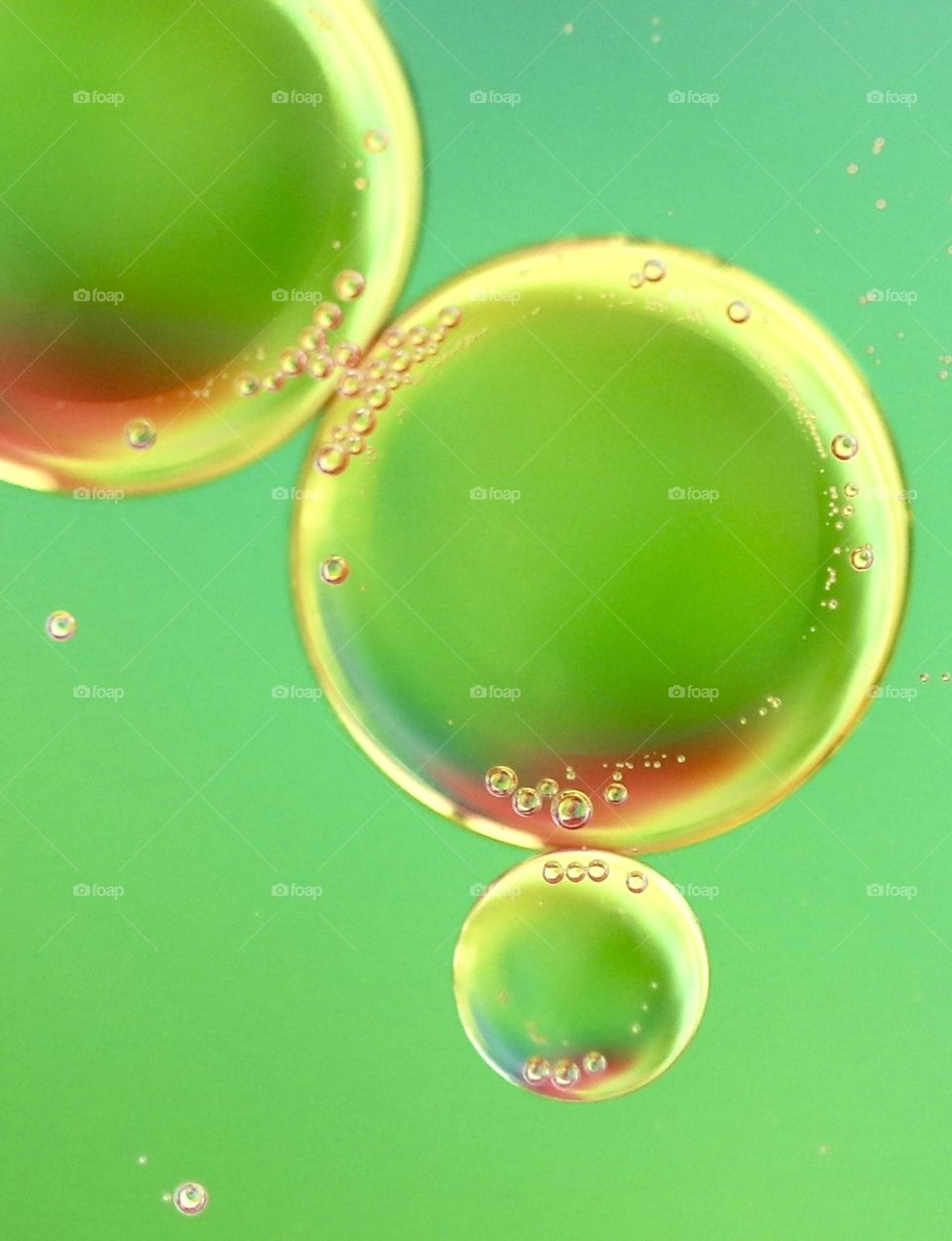 Abstract oil and water drops with green background 