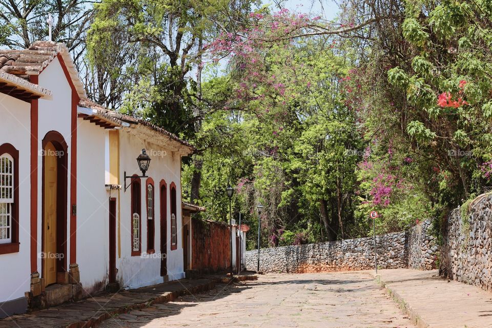 Stony street in the small village of Tiradentes, Brazil.  Nature and construction in perfect harmony.