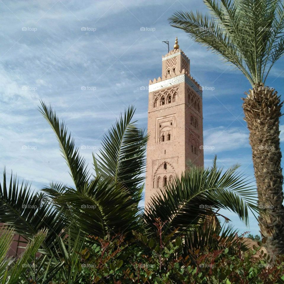 Famous Kotoubia tower mosque in marrakech city in Morocco