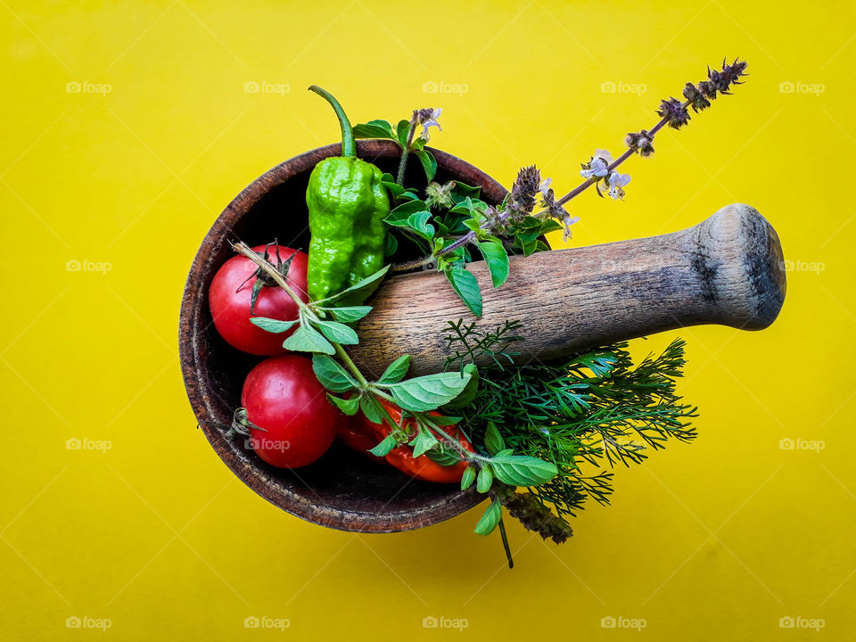 Fresh organic vegetables and herbs for spicy and aromatic chutney