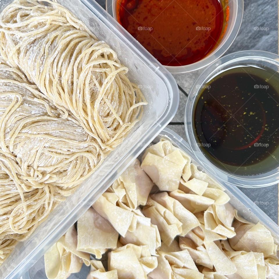 Frozen noodles and wantons with homemade Chilli 