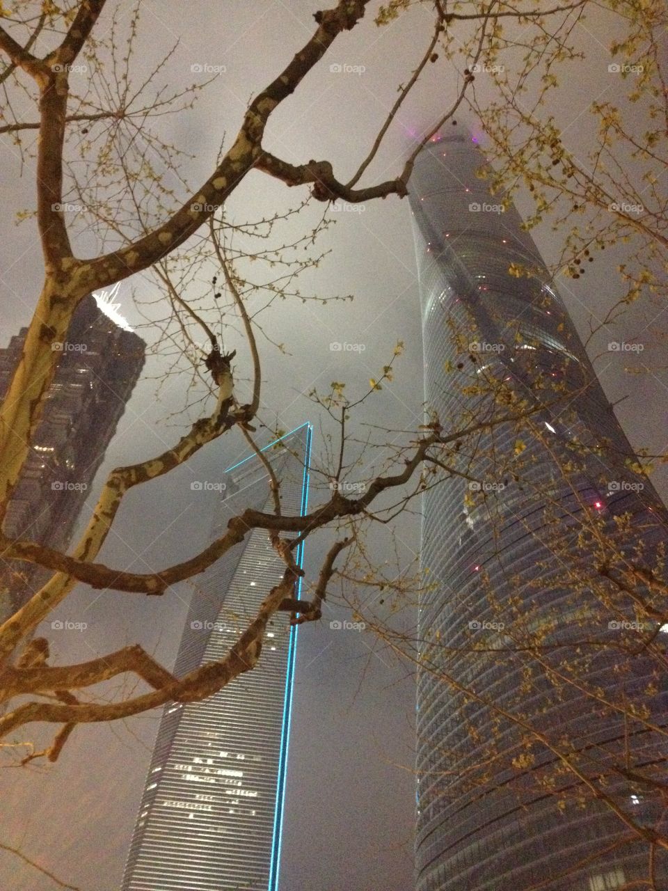Shanghai skyscrapers on a foggy spring evening
