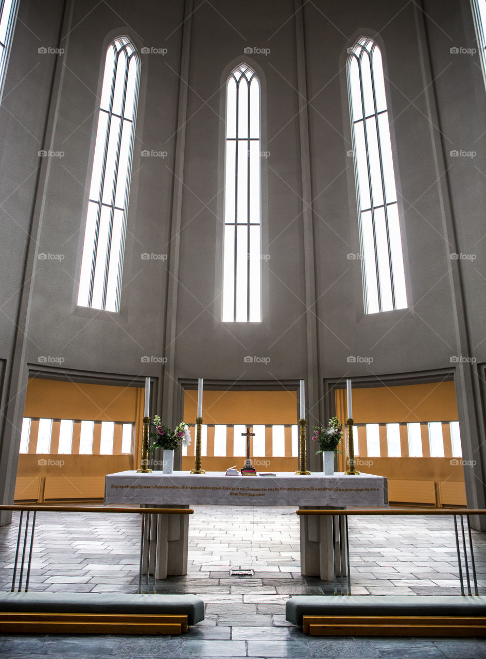 Reykjavik church indoors at the altar