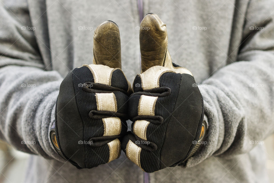 thumps up, work gloves