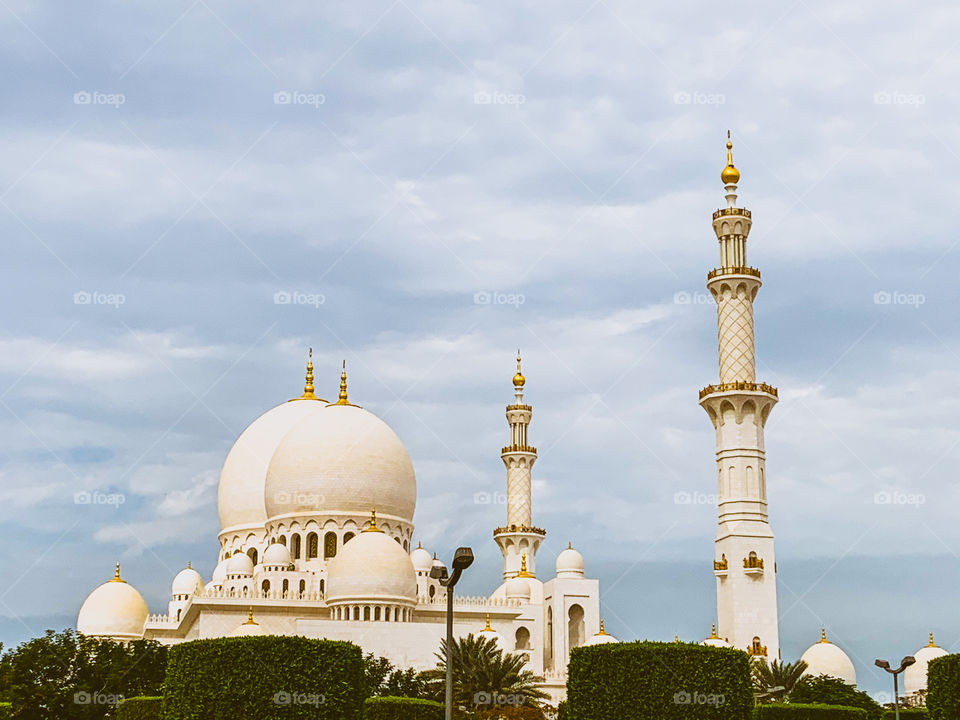 Panoramic view of White mosque with clouds in Abu Dhabi . January twenty twenty 