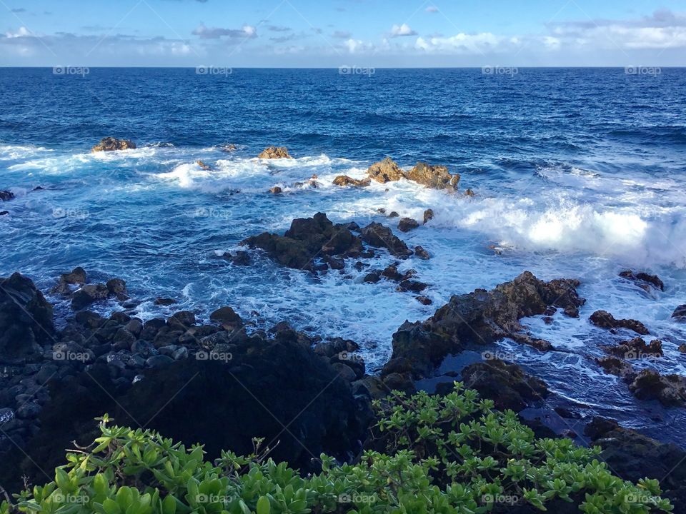 Sunlight over the sea cliffs hitting the incoming waves