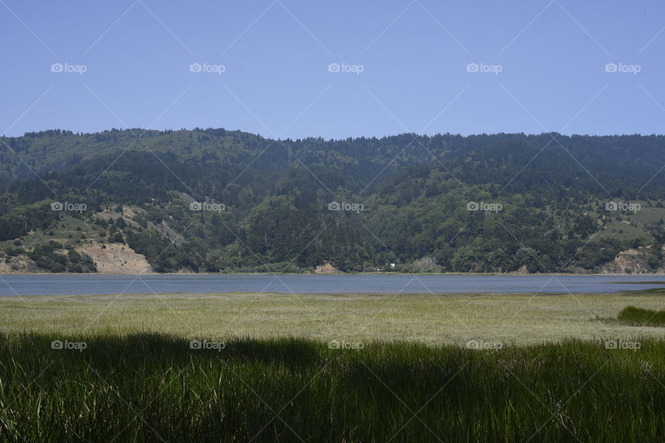 Water body nestled between hills and grass land.