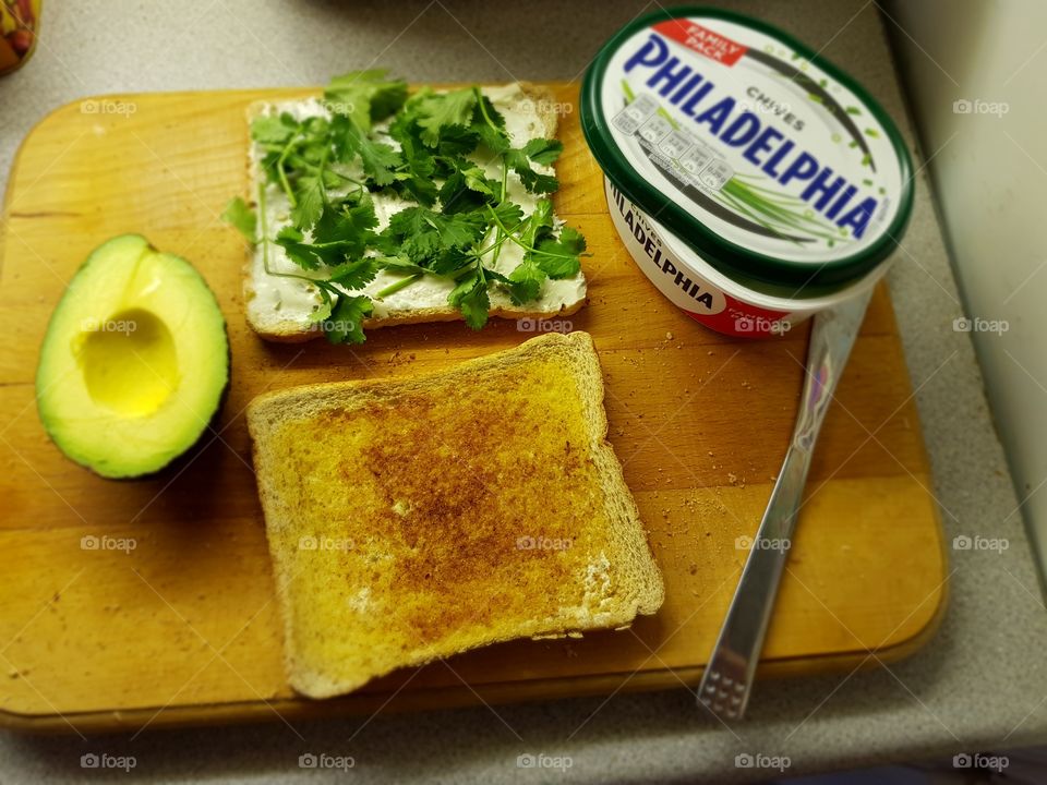 Philadelphia cream cheese, coriander and avocado sandwich