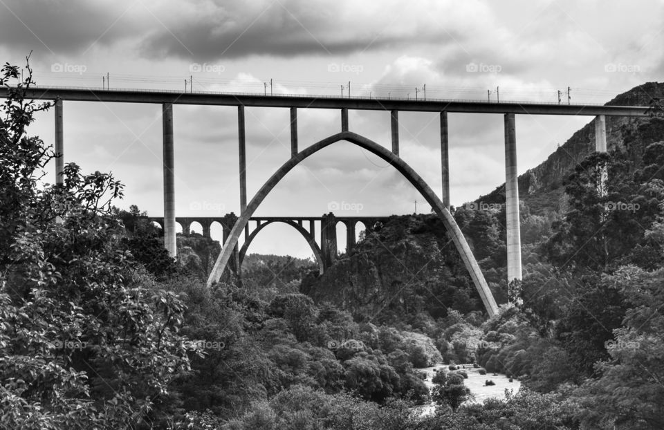 Bridges over river Ulla. View of the old and modern railway bridges over river Ulla, Ponte Ulla, Spain.