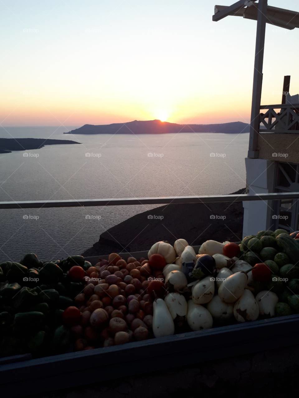 Variety of vegetables and amazing view of sunset.