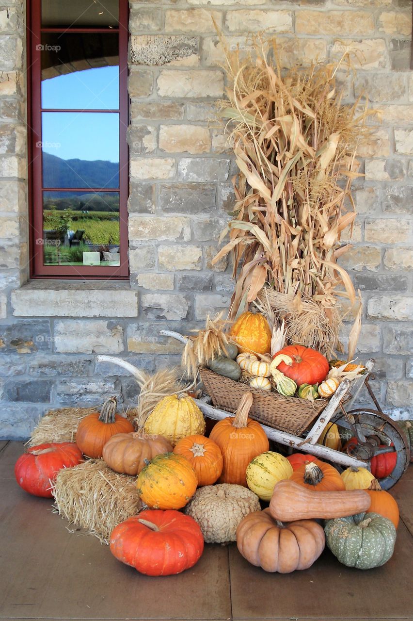 Autumn haystack and pumpkins displayed