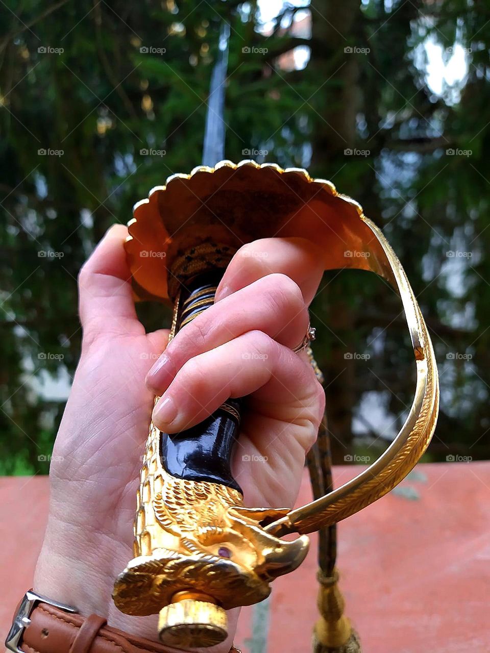 Metal.  A woman's hand holds the metal hilt of an Italian officer's sword.  The metal handle has the shape of a bird, which identifies belonging to military aviation. Ceremonial attribute of Italian military pilots