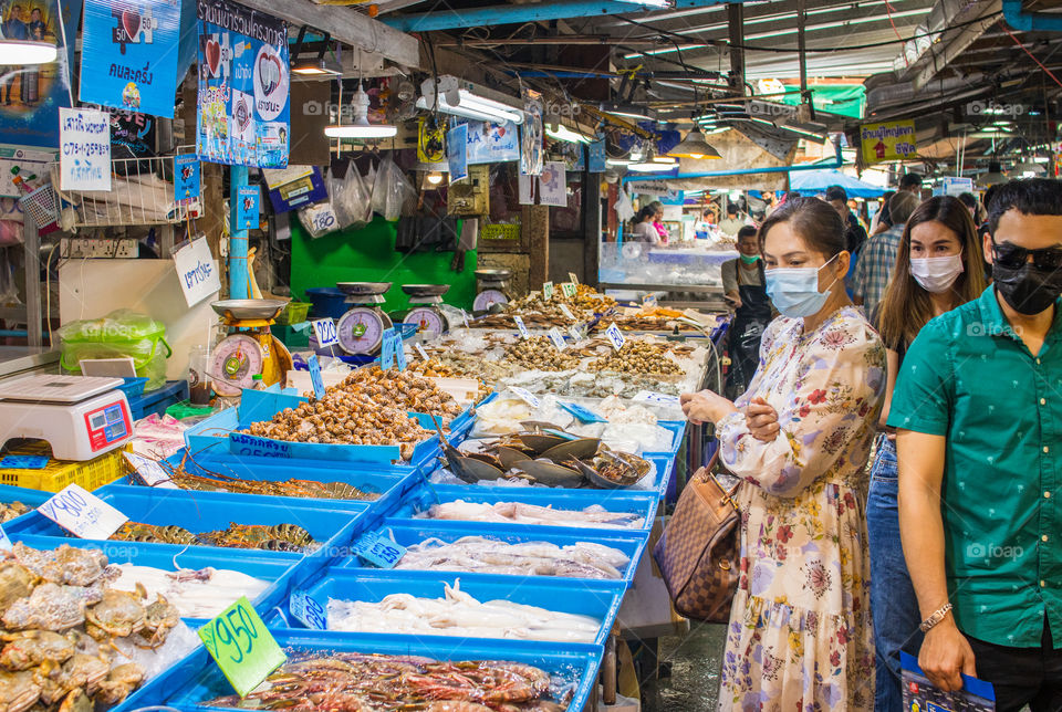 Seafood for Sale during the Covid 19 times at a Fish Market in Thailand Southeast Asia