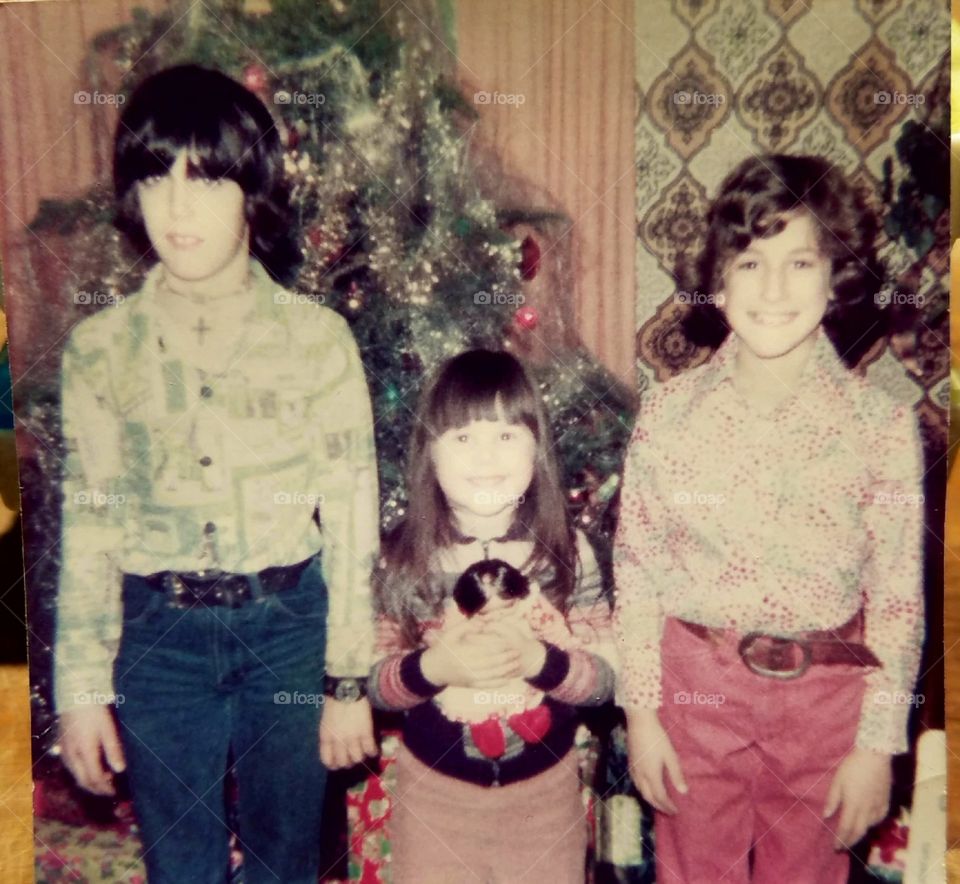 Three young children standing in front of the Christmas tree. Little girl holding doll.