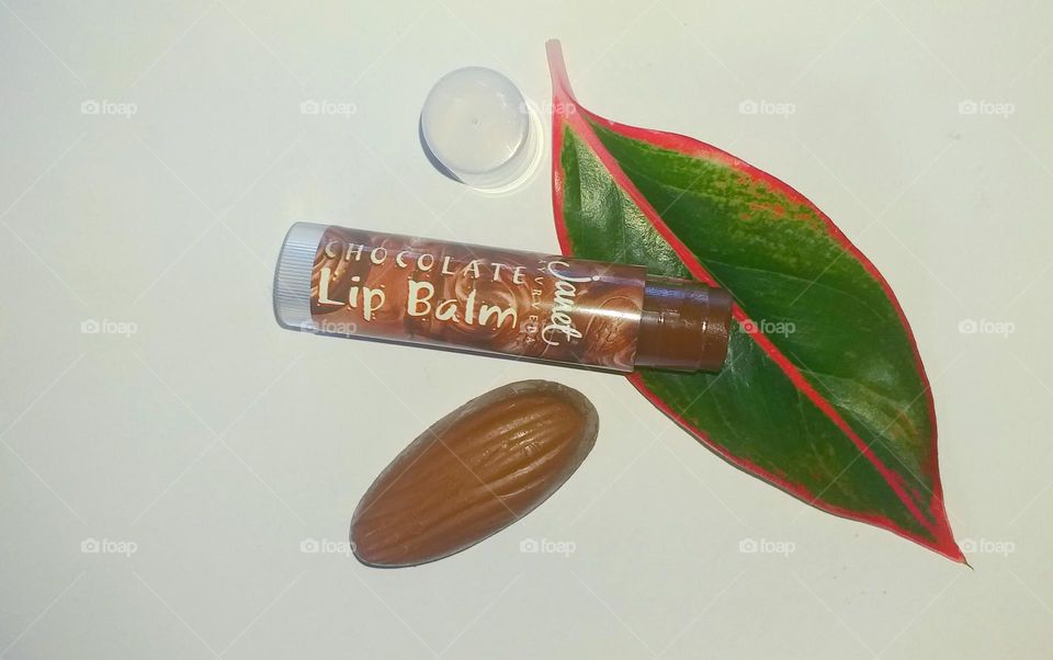 Beauty products I love - Chocolate lip balm for normal - dry lips from Janet.
Colourful leaf and a piece of chocolate is seen in the background.