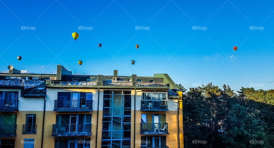 Hot air balloons over Lithuania capital Vilnius