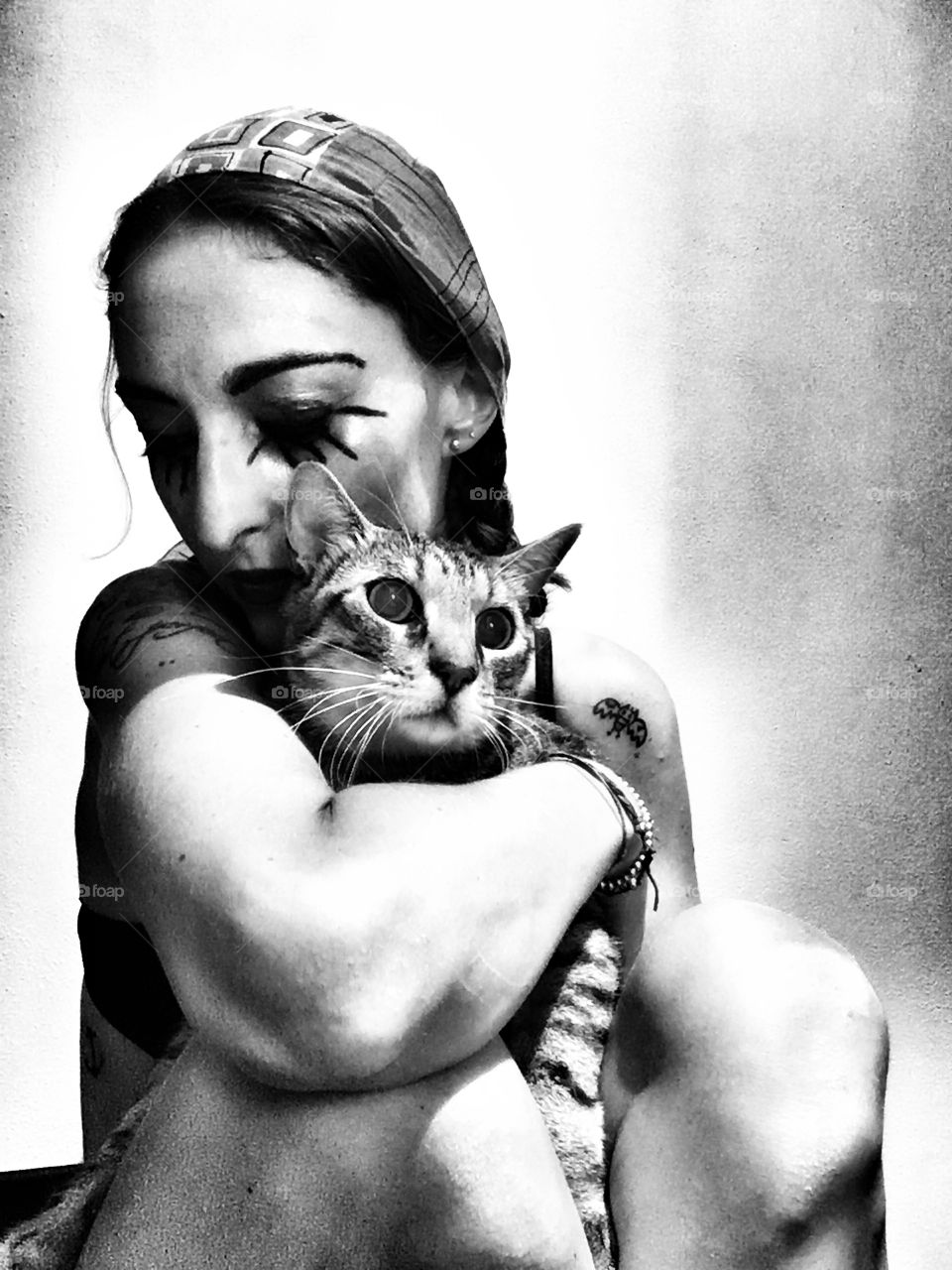 Black and white portrait with cat