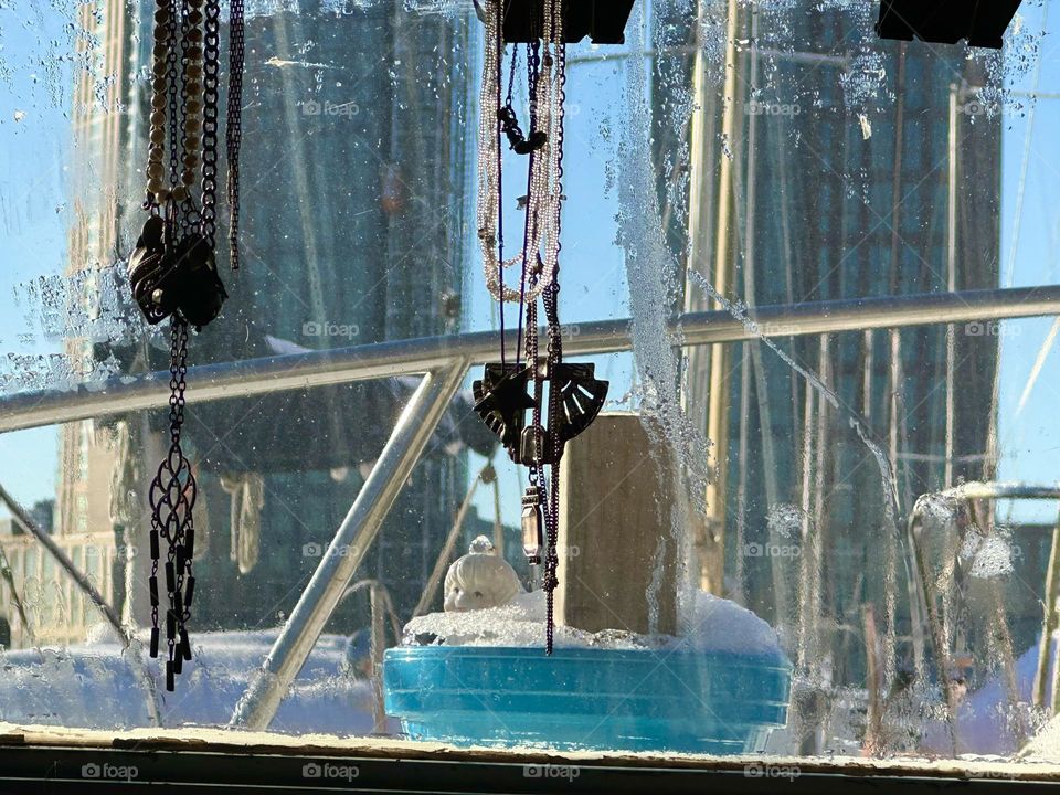 This is the gorgeous view from aboard “Salvation”, the “28 foot 1969 Luhrs” cabin cruiser at “Newtown Creek” by the “Pulaski Bridge” in LIC, Queens. 2024. Hypnotic Productions