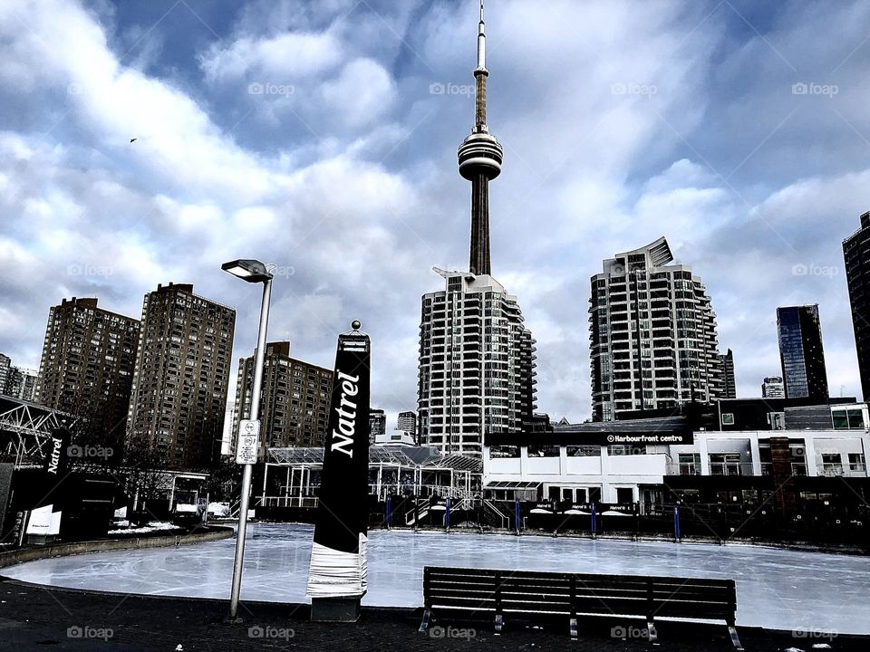 View from Toronto harbourfront of Toronto buildings , CN tower , skating rink at harbourfront 