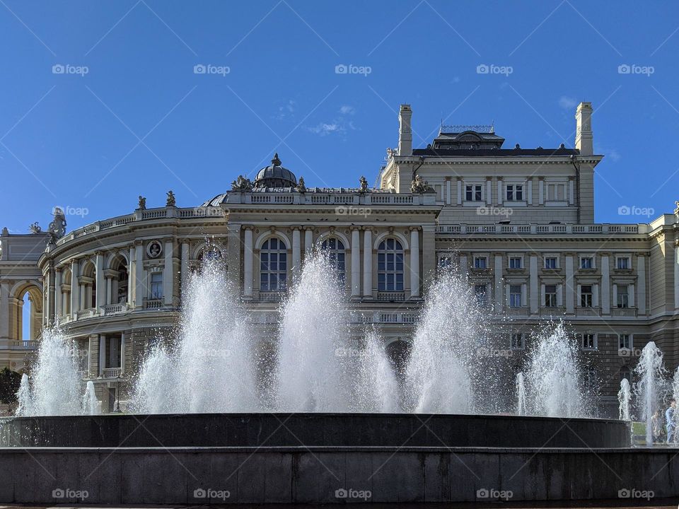 Fountains at the Odessa Opera House. Ukraine.