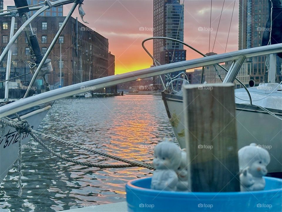 This is the beautiful view from aboard “Salvation”, the “28 foot 1969 Luhrs” cabin cruiser at “Newtown Creek” by the “Pulaski Bridge” in LIC, Queens that I and longtime partner “Timothy Trespas” call home. 2024. Hypnotic Productions