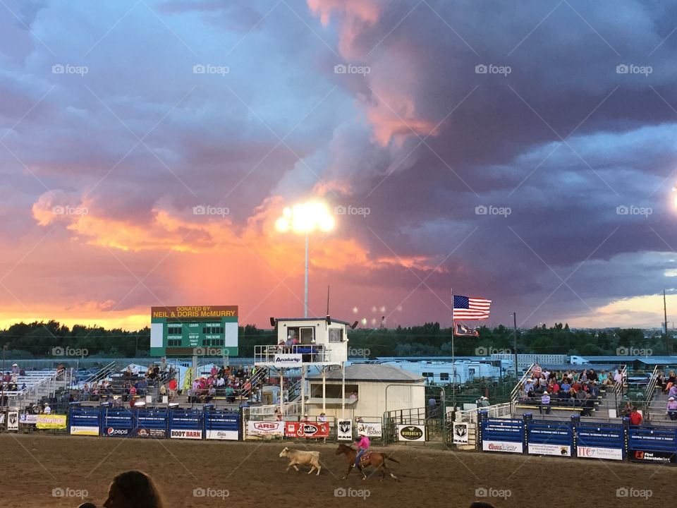 Sunset at the Rodeo. Beautiful sunset at the Central Wyoming Fair and Rodeo in Casper, Wyoming