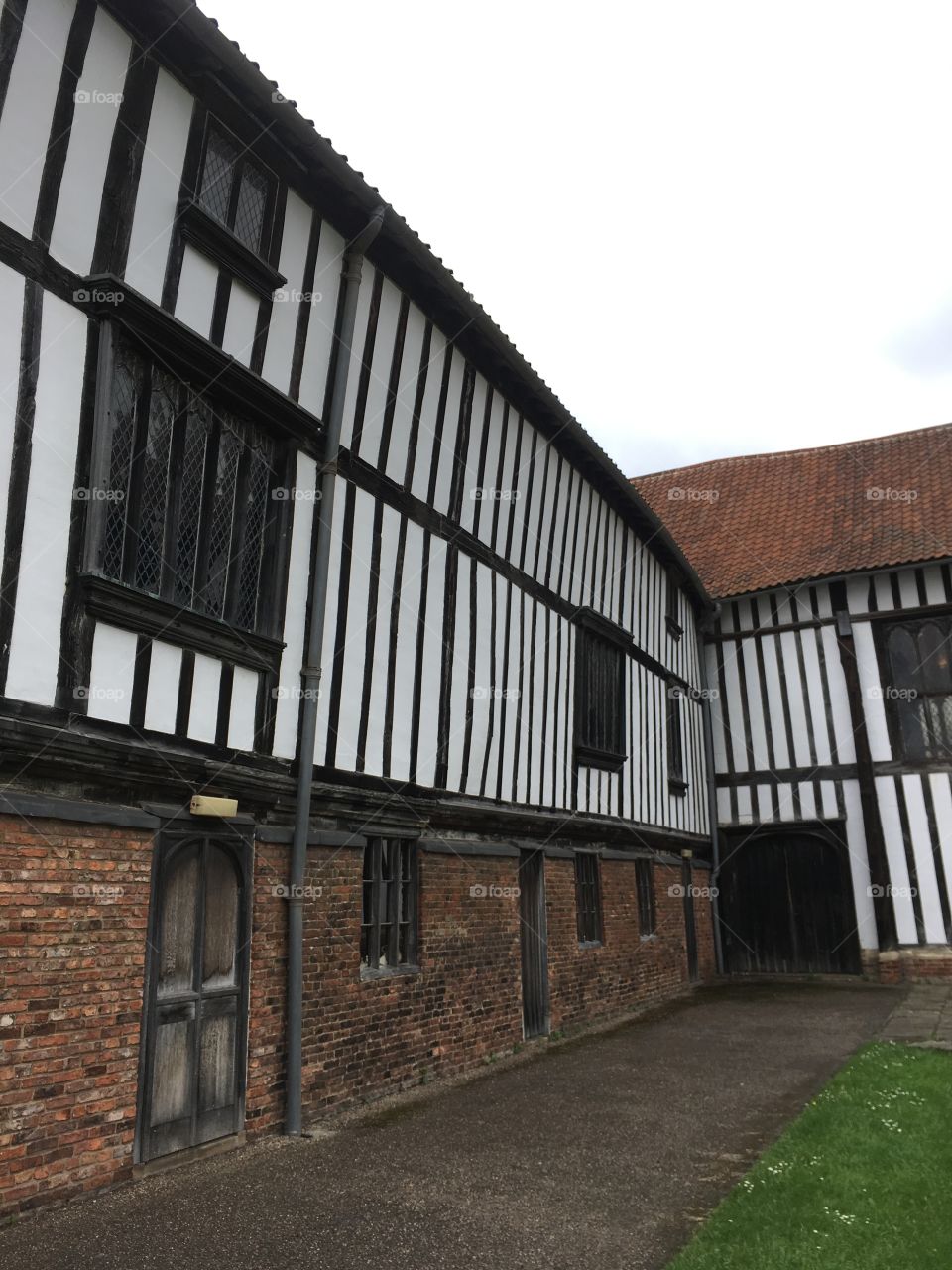 Exterior view of the timber framing and brickwork at the medieval Manor House at Gainsborough Old Hall