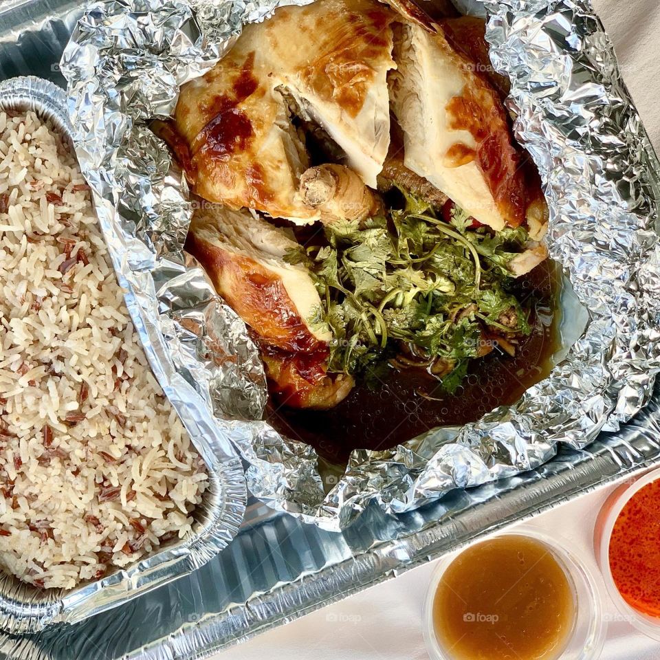 Honey ginseng roasted chicken with fragrant rice and acar