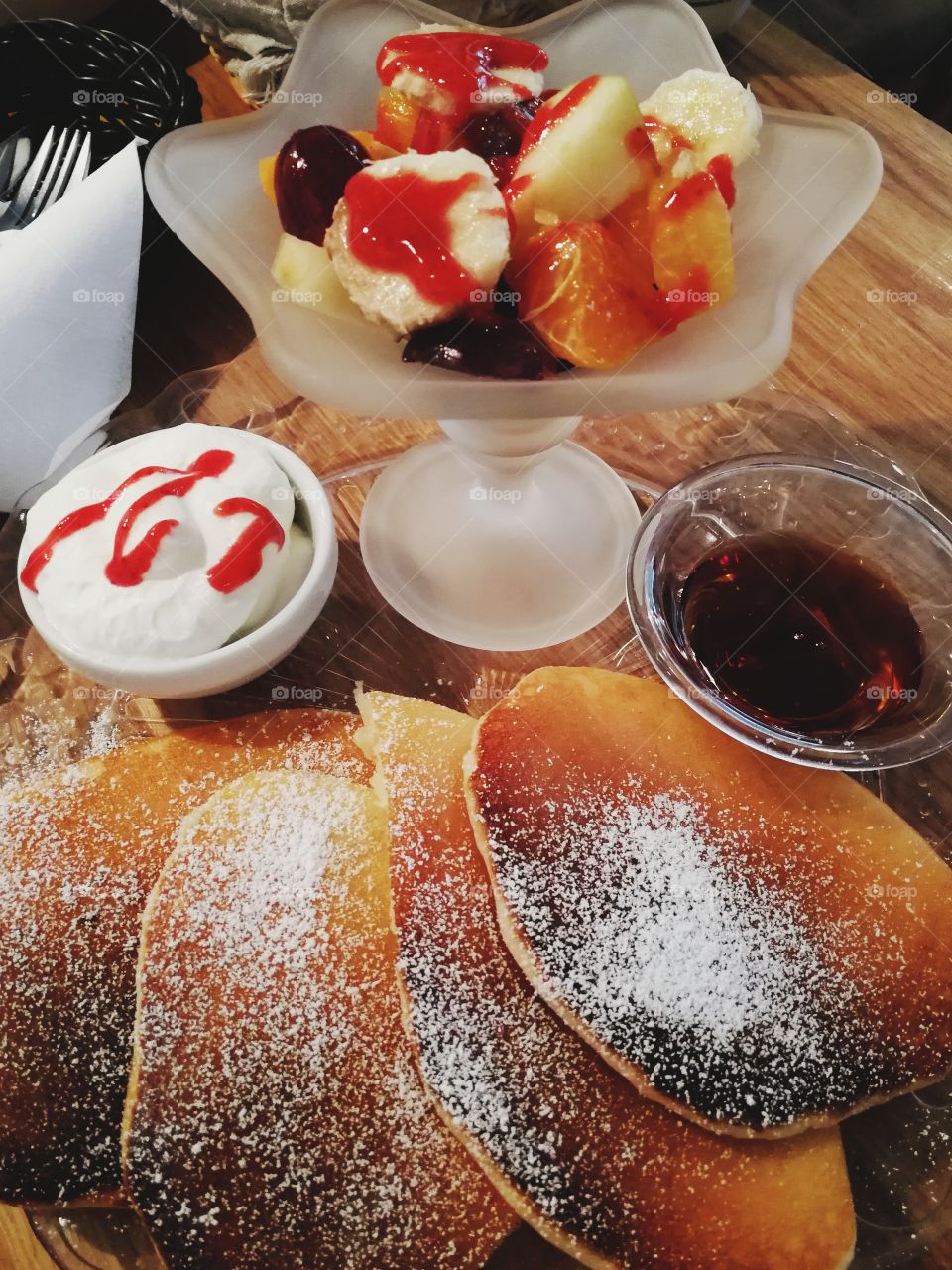 Pancakes and fruit salad