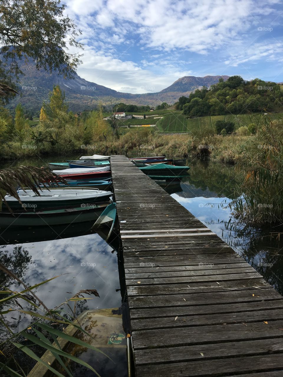 Pontoon on mountain lake