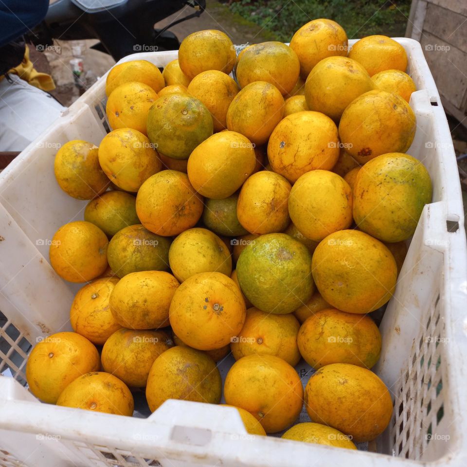 Pile of oranges in a plastic basket ready to be sold