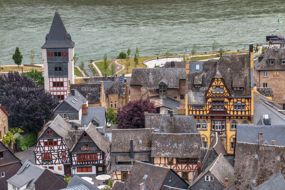 High angle view of bacharach and rhine, Germany