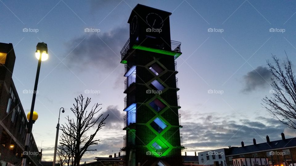 Chrisp Street Market Clocktower at dusk