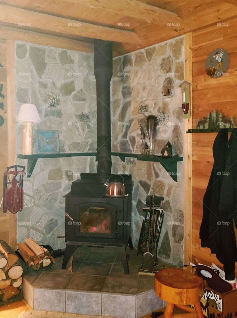 wood burning stove in mountain cabin