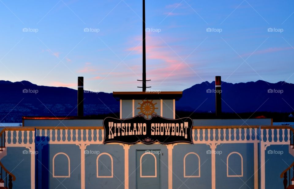 Kitsilano Showboat shot just after sunset with a clear indigo sky in the background.