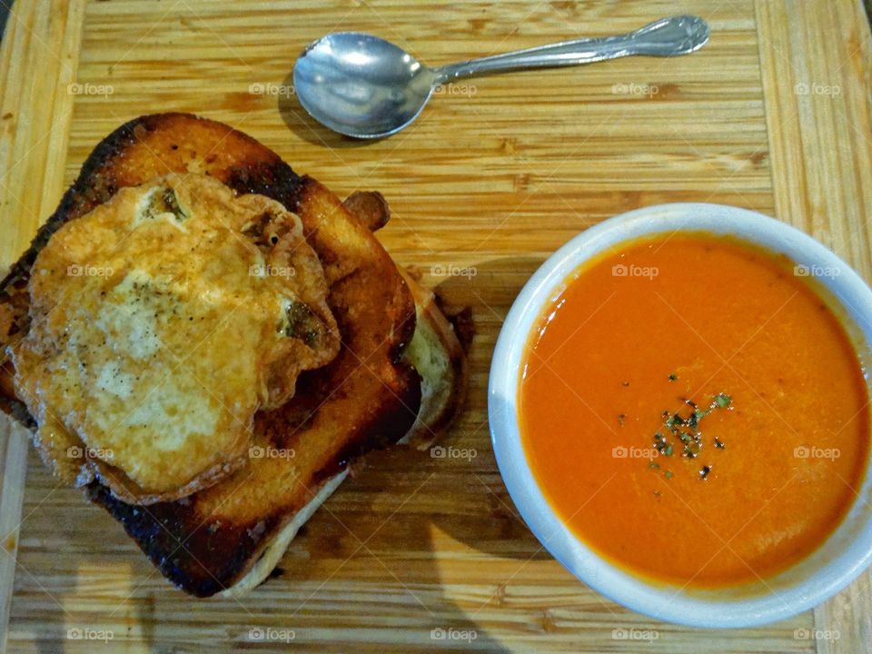 High angle view of sandwich and soup