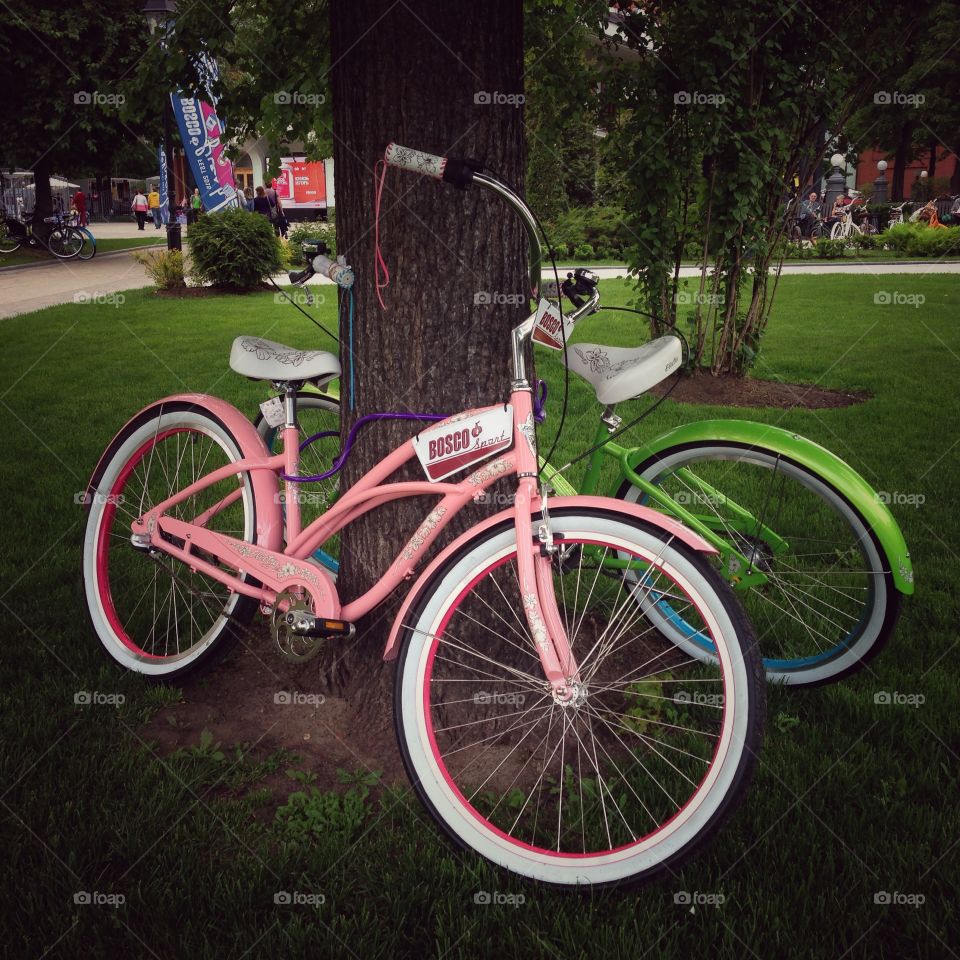 Colored electra bicycles on bosco fresh fest music festival in Moscow, Russia