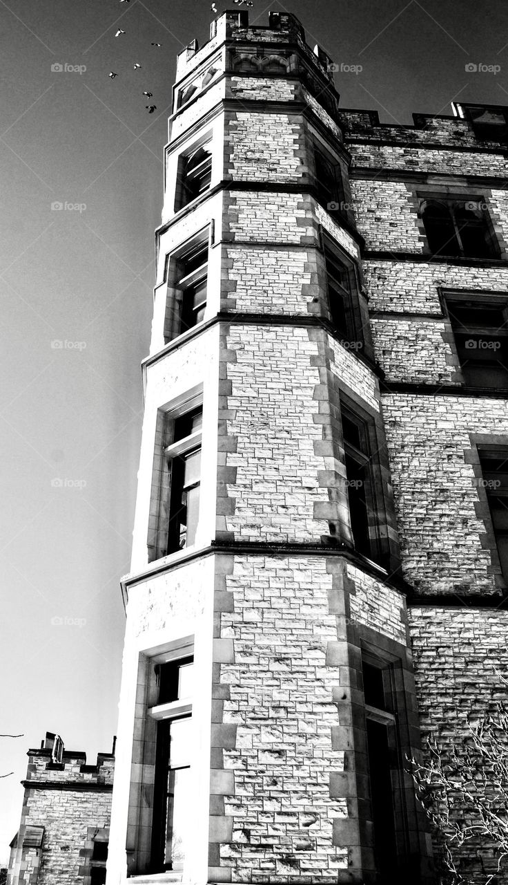 The Southwest tower of the Museum of Nature in Ottawa, Canada in black and white.