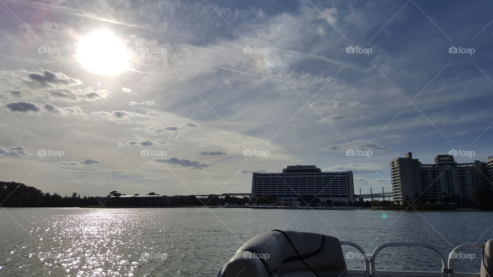 The sun shines brightly over Bay Lake at the Walt Disney World Resort in Orlando, Florida.