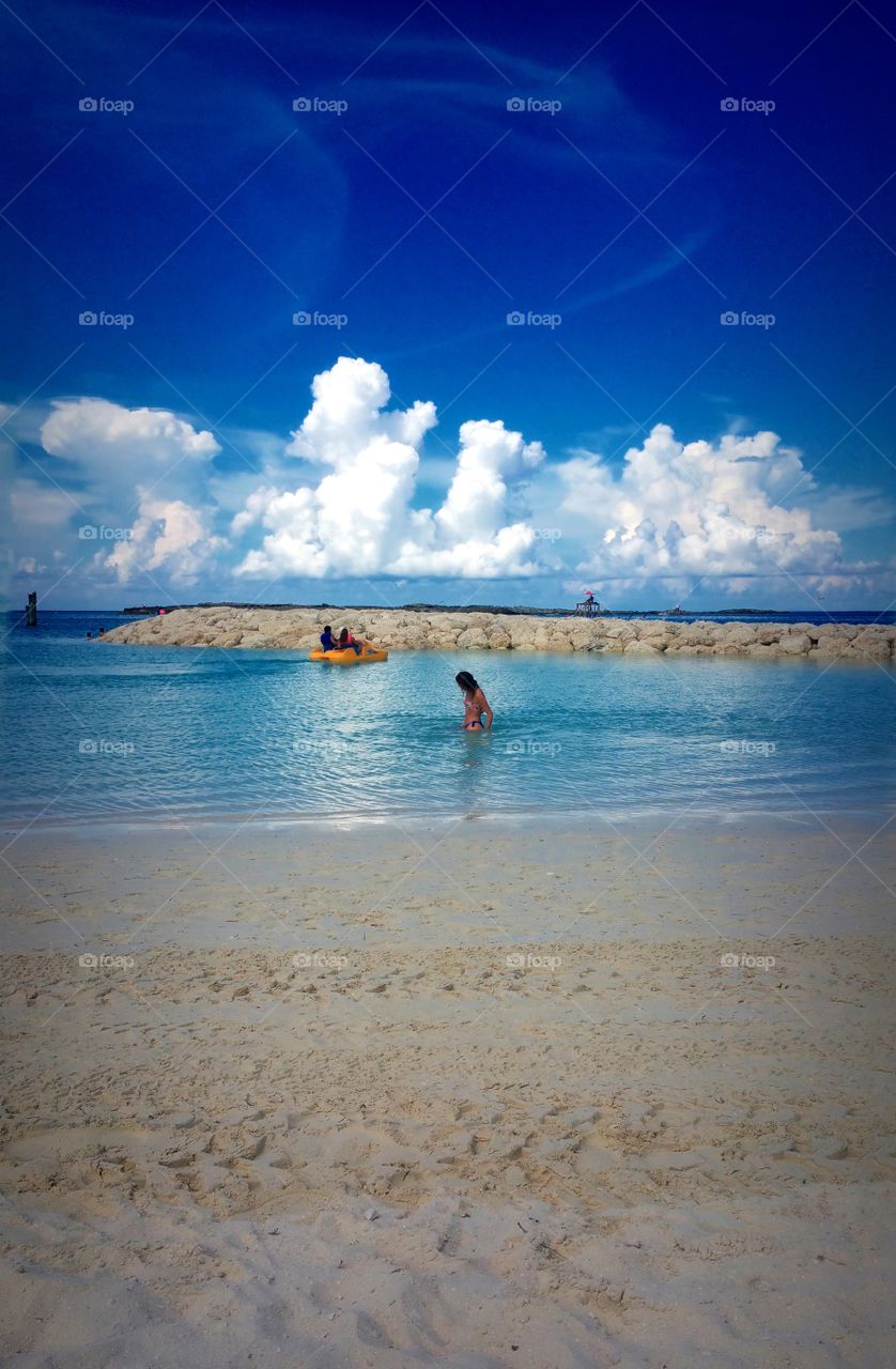 Beautiful women in bikini at Coco cay Private island owned by Royal Caribbean