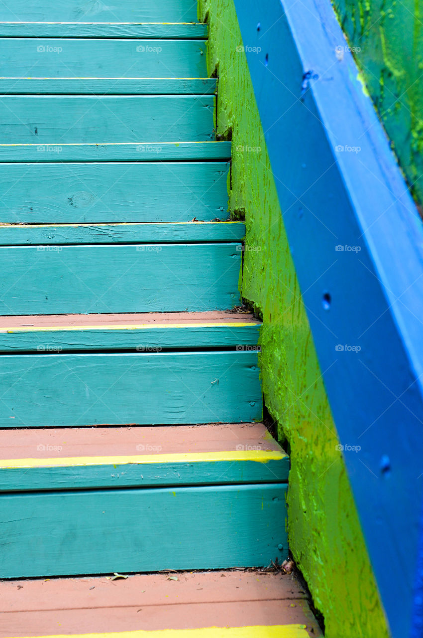Close-up of a bright, colorful staircase