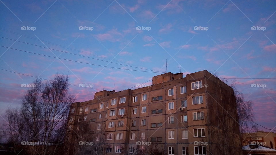 закат.розовый.дом.город