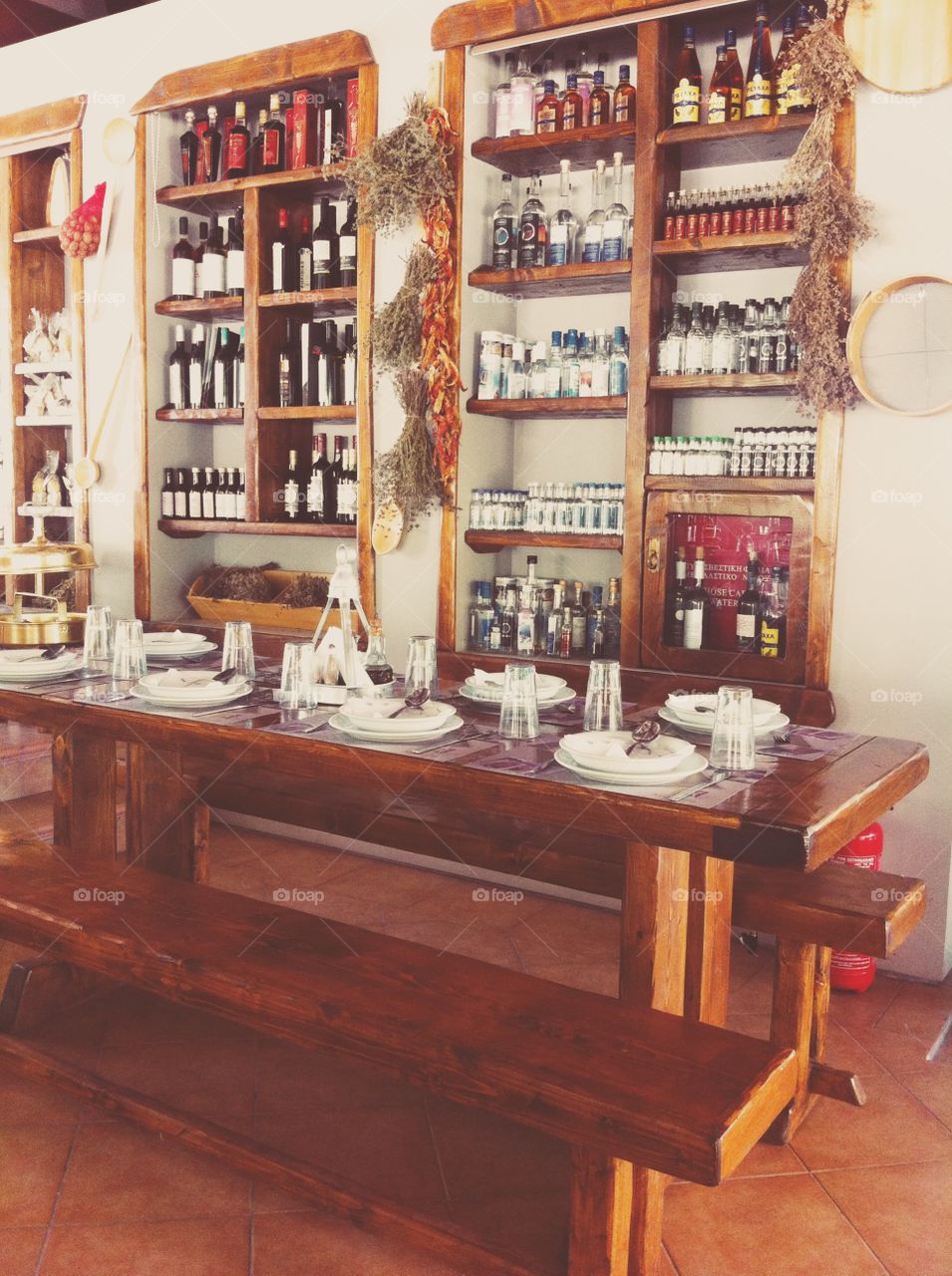 Traditional greek tavern. Vintage greek village tavern