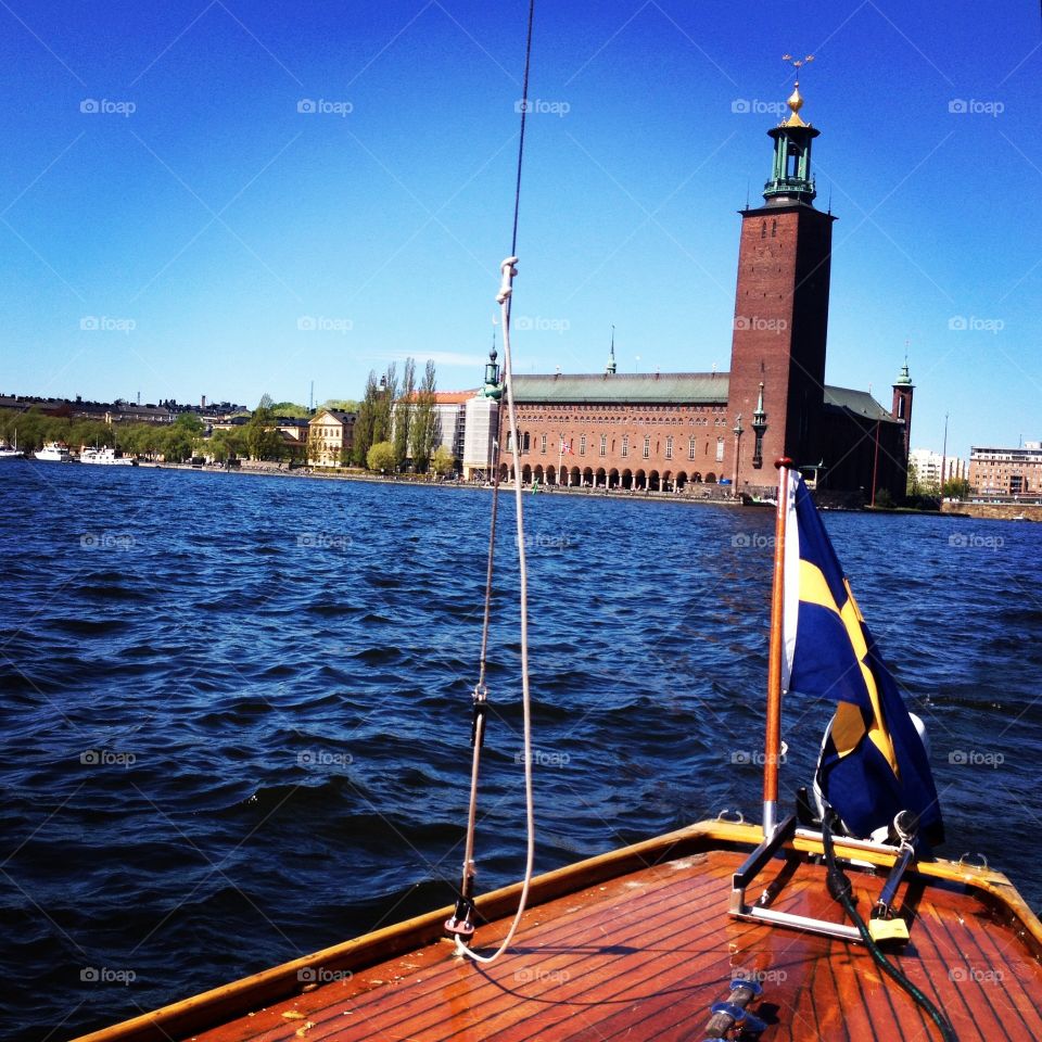 Boat by the City Town Hall. Love going out on our wooden boat (Nordic cruiser 5 1/2) to the City Town Hall of Stockholm. 